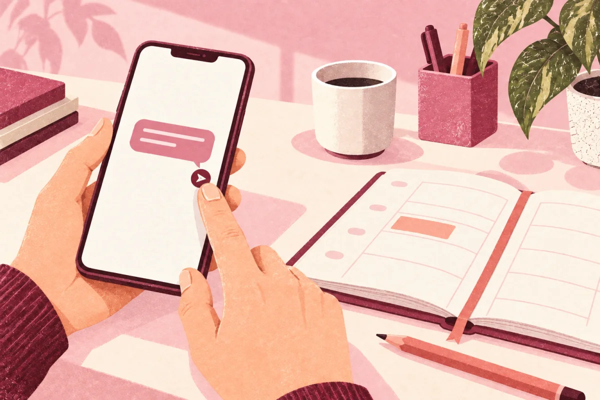 スマートフォンで短い返事を送り、手帳に返信の予定を残す手元のイラスト。