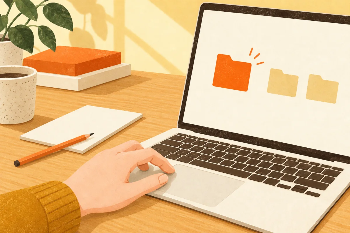 机のノートパソコンで、手がトラックパッドに触れてファイルを開こうとしているイラスト。