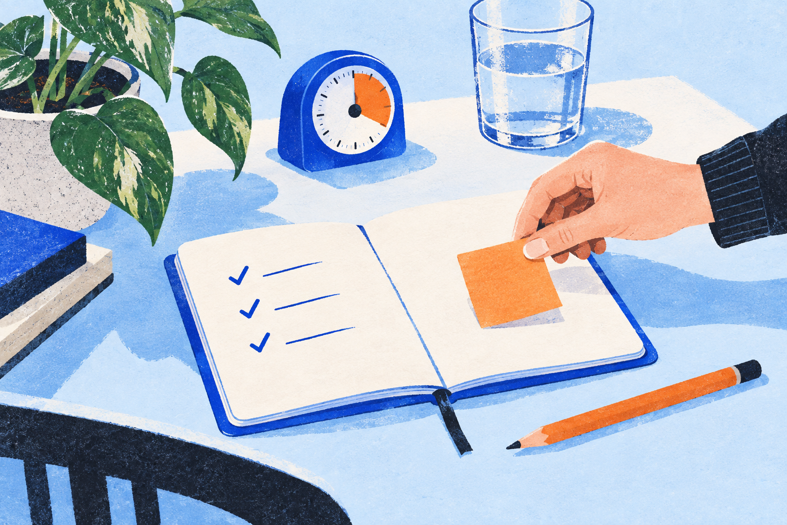ノートに付箋を置く手と、タイマーのある机のイラスト